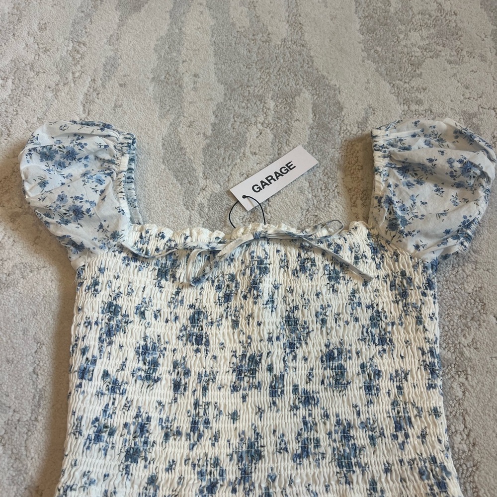 Garage Blue and White Smocked Puff Sleeve Blouse